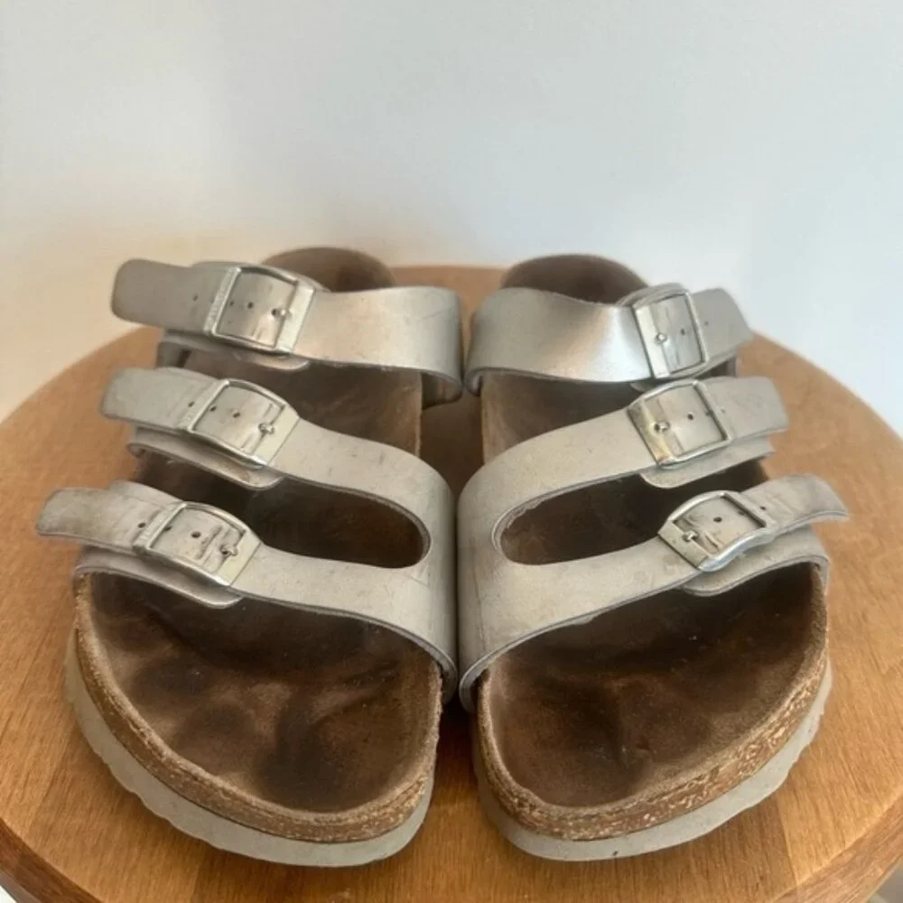 Birkenstock Papillio Florida Silver Sandal Womens Size EU 39 US 8 Triple Strap - Picture 3 of 11